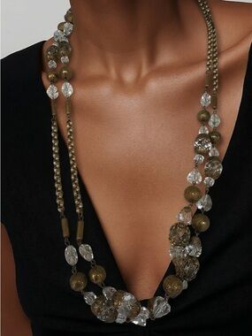 Vintage Ornate Antiqued Brass & Faceted Crystal 60” Statement Necklace